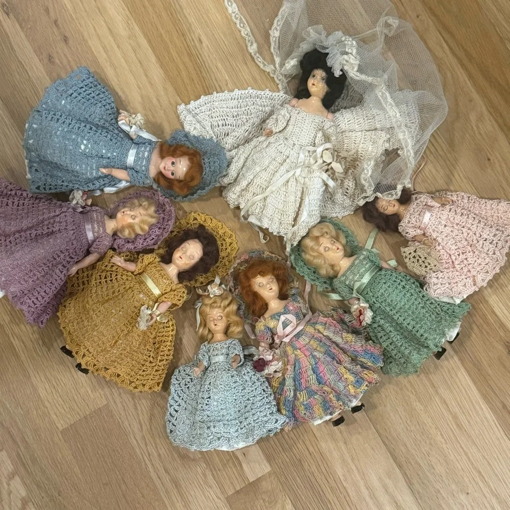 1950s Plastic Dolls in Crocheted Dresses with Underskirts, Panties, and Hats /